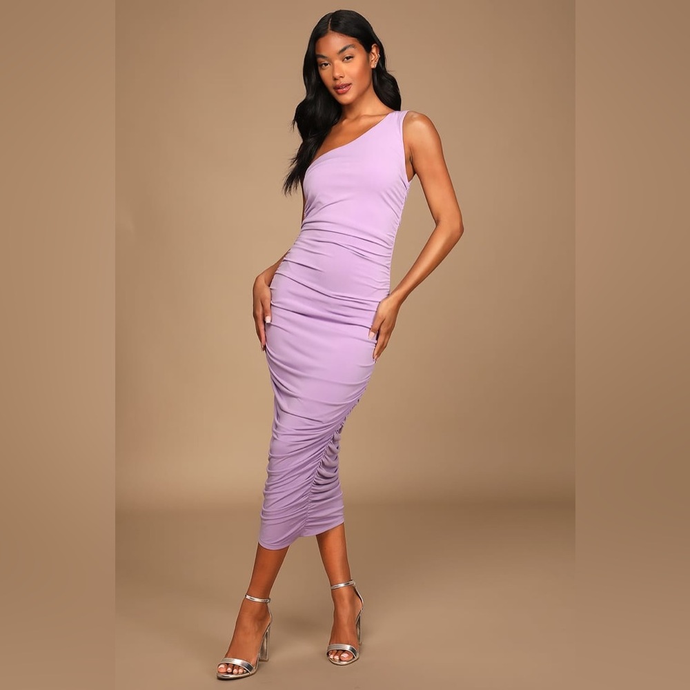 Total Appeal Lavender Ruched One-Shoulder Bodycon Midi Dress - Lulu’s
